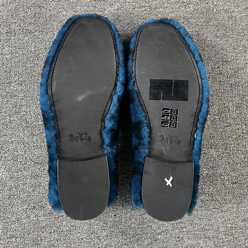 Coach Shoes Mens 11 Blue Shearling Logo Fur Slip On Loafers Leather Sole G4576 - Picture 9 of 11